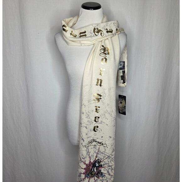 Ed Hardy by Christian Audigier Y2K Born Free Panther Cream Wool Scarf Wrap NEW - Picture 1 of 8